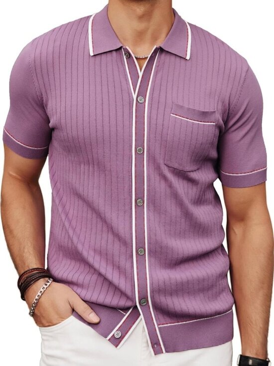 Other - Men's Purple Short Sleeve 70s Vintage Polo Contrast Knit Retro Top Casual Shirt